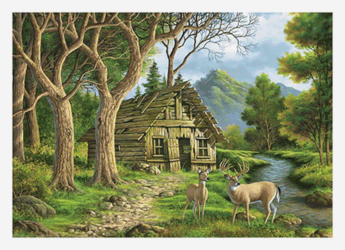 Лесной домик. - дом, горы, олени, река, лето, лес, пейзаж - предпросмотр