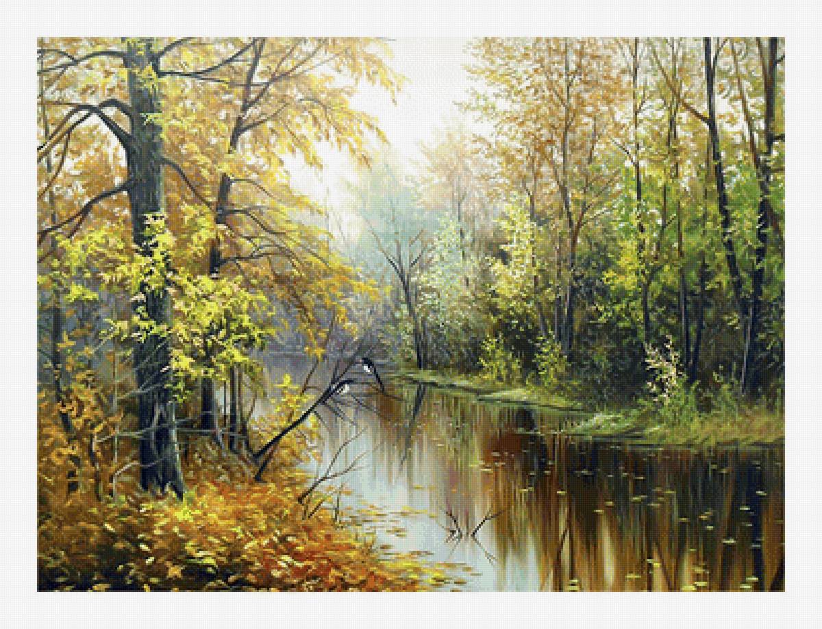 Осенняя река. - природа, осень, река, пейзаж, живопись, сороки - предпросмотр