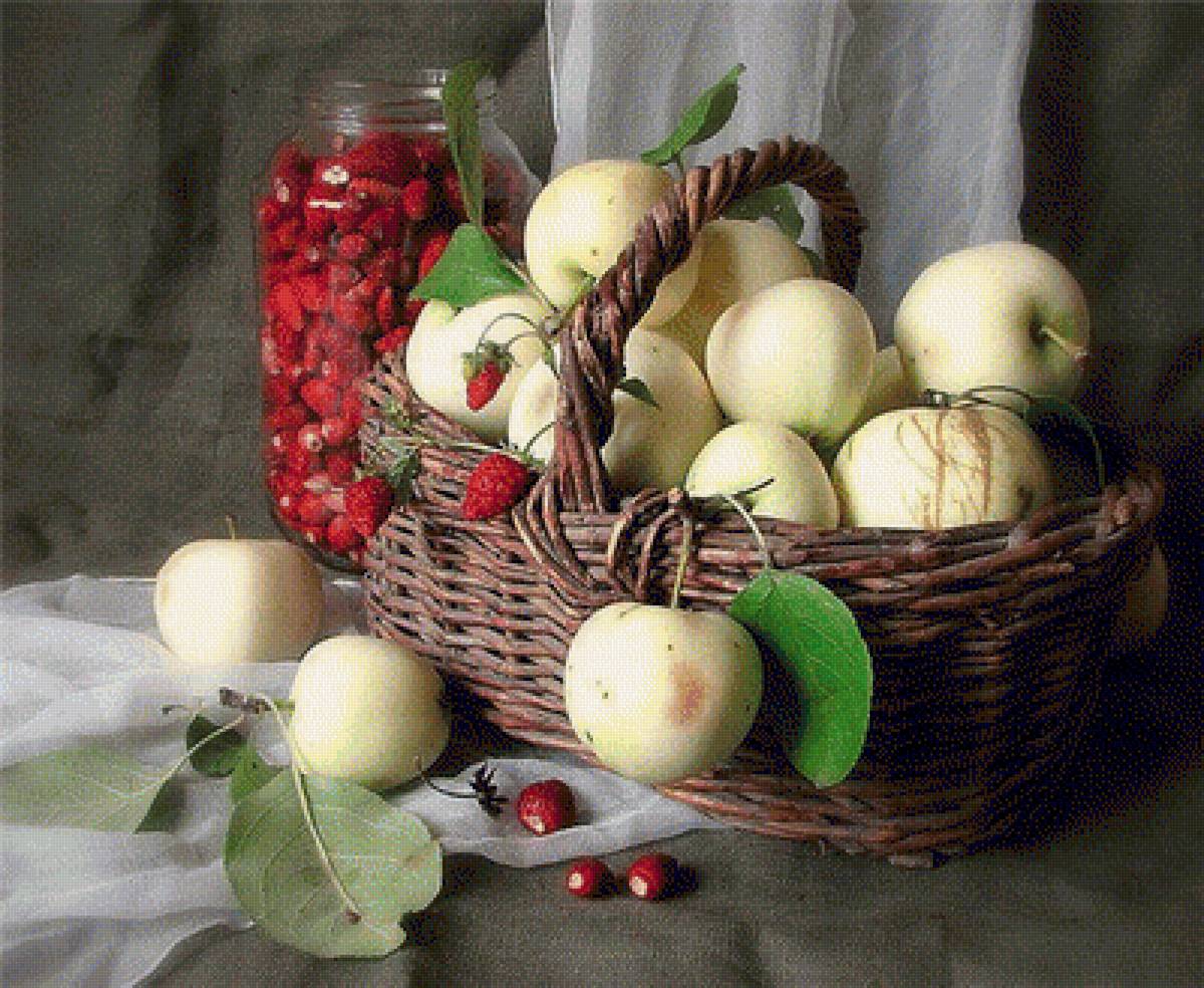 Яблоки и земляника - натюрморт, фрукты, ягоды - предпросмотр