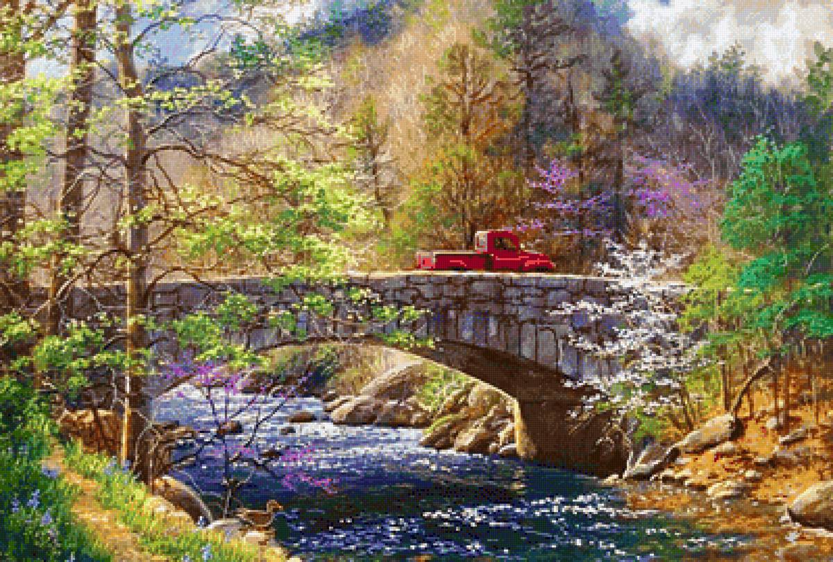 №2014107 - деревья, машина, мост, река - предпросмотр