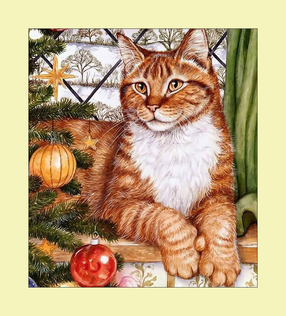 Рыженький.) - животные, рождество, кошка, живопись, кот, окно - оригинал