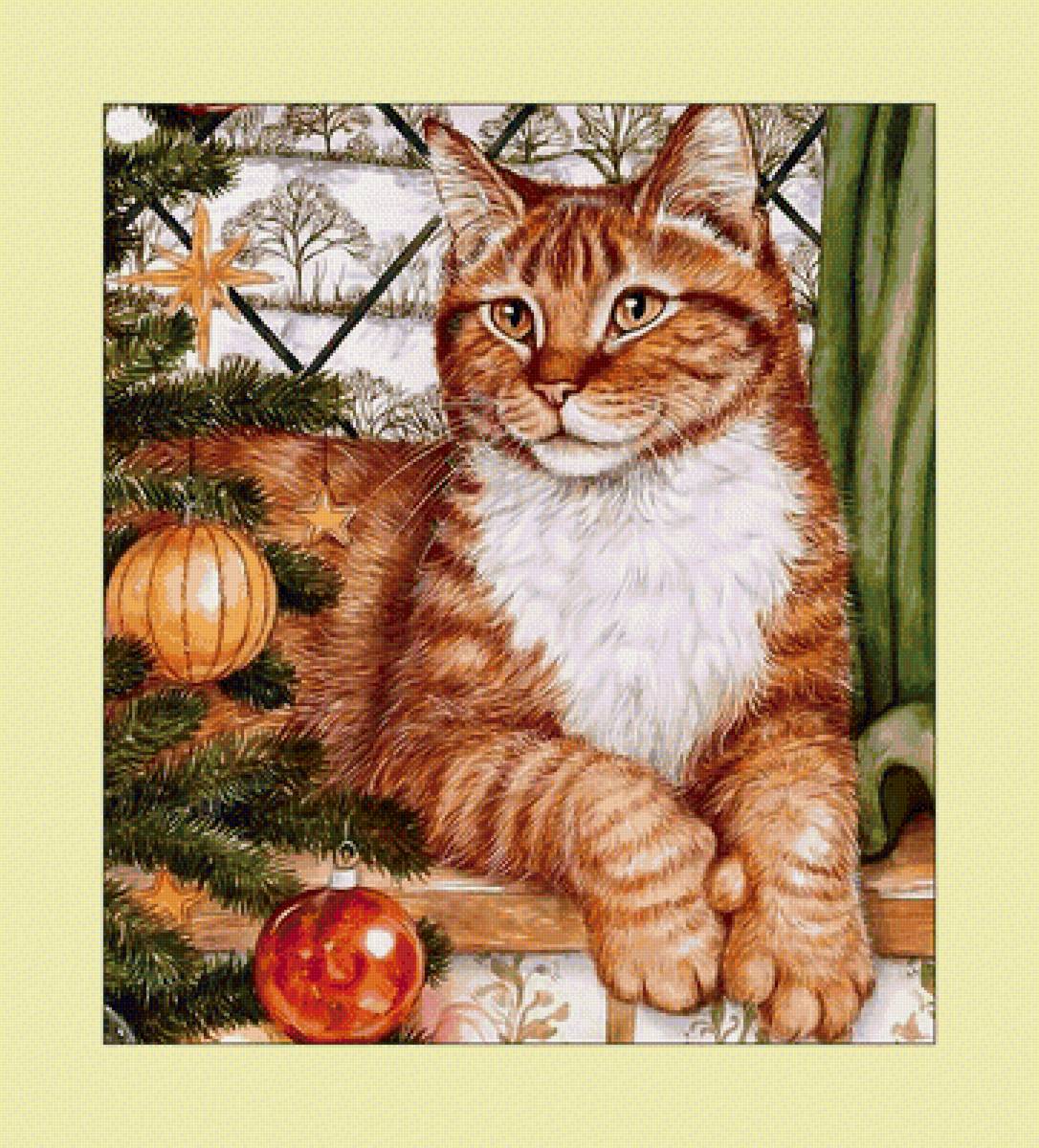 Рыженький.) - рождество, животные, кошка, кот, живопись, окно - предпросмотр