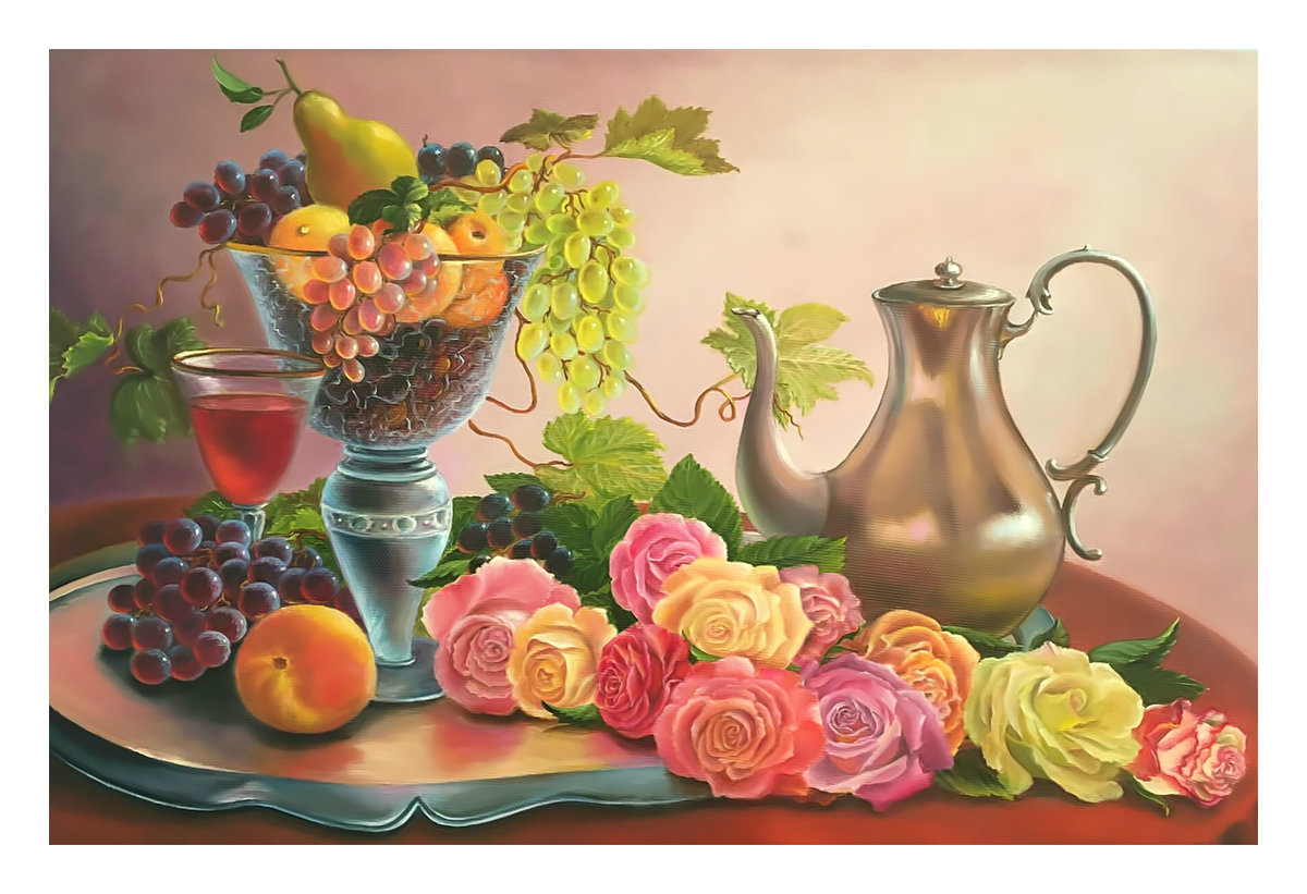 Натюрморт с фруктами и цветами. - яблоки, фрукты, роз, натюрморт, живопись, ягоды, виноград цветы - оригинал