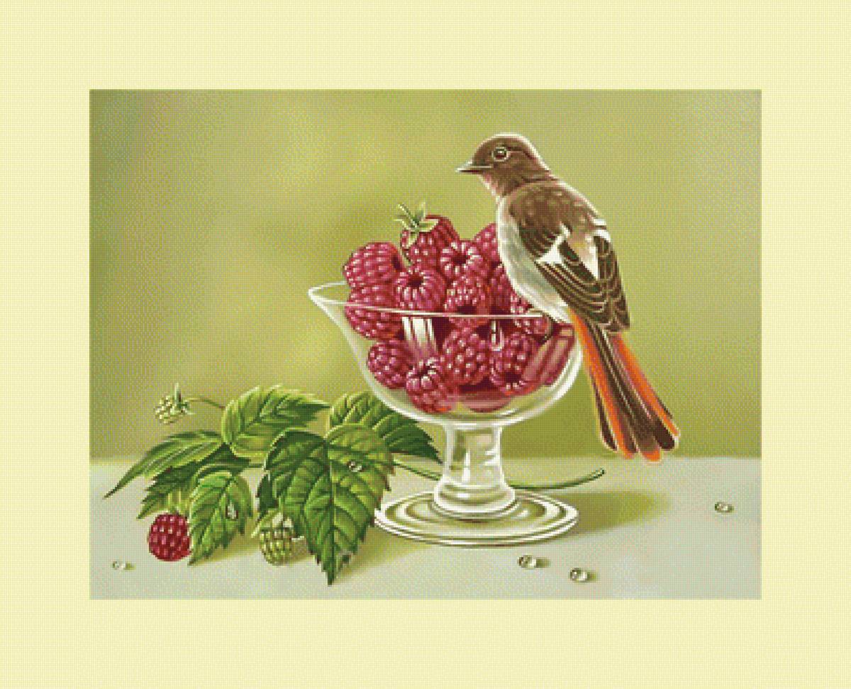 Натюрморт с птичкой. - ягоды, птичка, живопись, малина, натюрморт - предпросмотр