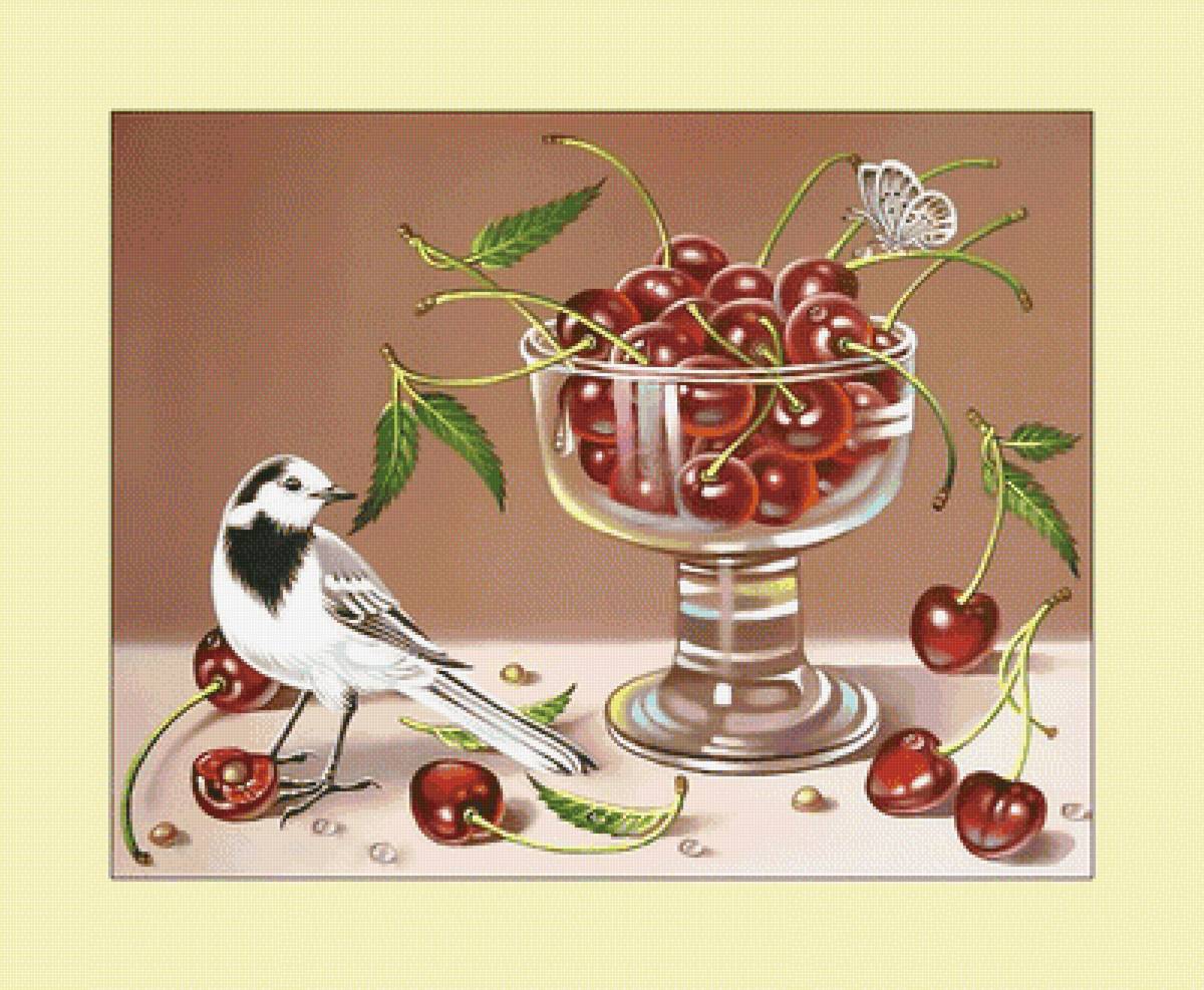 Натюрморт с птичкой. - вишня, живопись, ягоды, натюрморт, птичка - предпросмотр