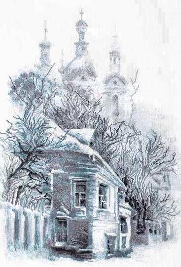 зимний пейзаж, домик, церковь - церковь, домик, зима - оригинал