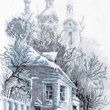 зимний пейзаж, домик, церковь