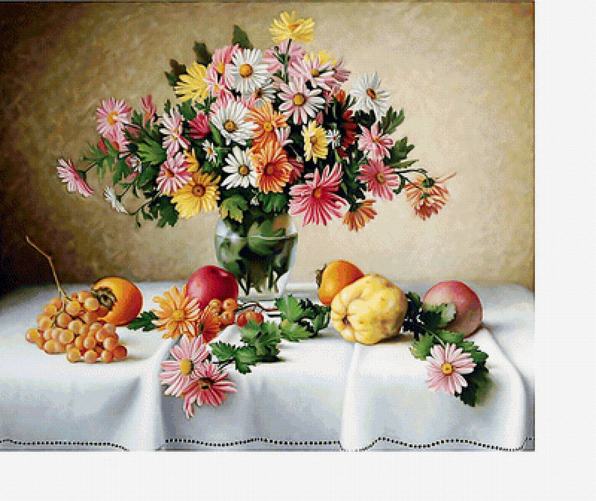 Натюрморт - букет, виноград, цветы, фрукты - предпросмотр