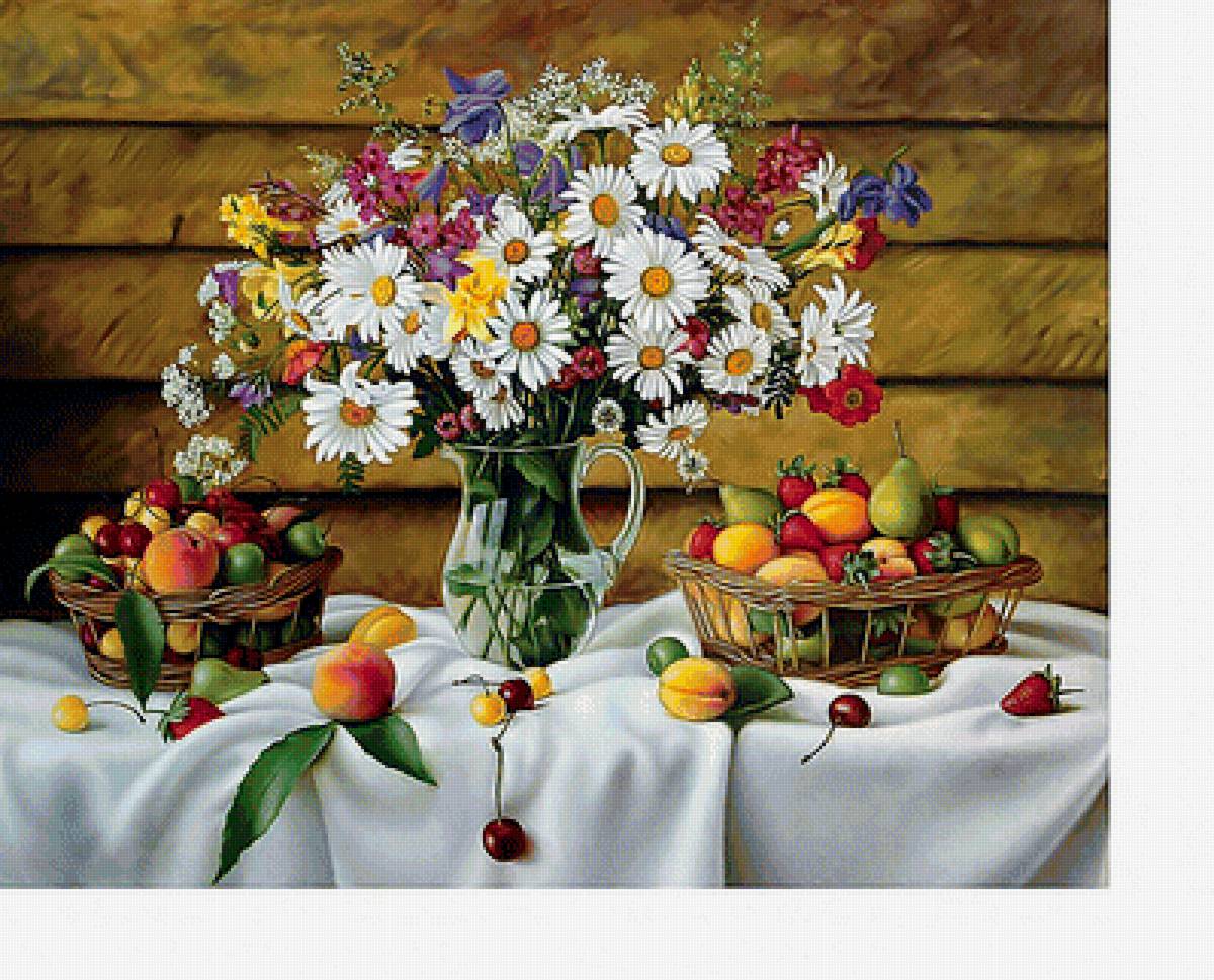 Натюрморт - фрукты, букет, цветы в вазе, цветы - предпросмотр