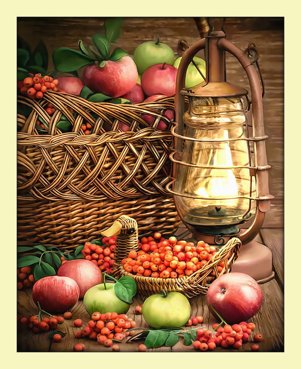 Натюрморт с рябиной. - корзина, рябина, живопись, яблоки, ягоды, фонарь, натюрморт - оригинал
