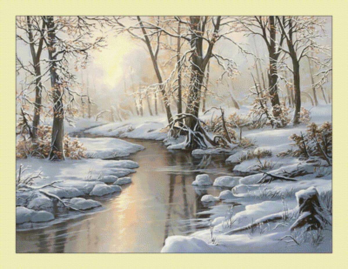 Зимняя река. - живопись, зима, лес, снег, природа, пейзаж - предпросмотр