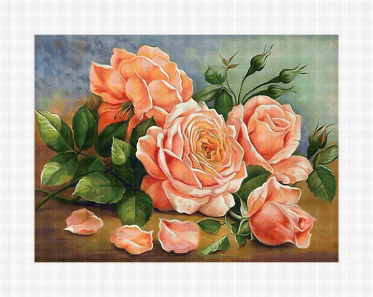 Нежные розы. - розы, капли, живопись, цветы, букет - предпросмотр