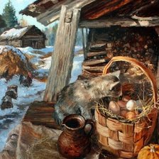 Схема вышивки «кошка в деревне»