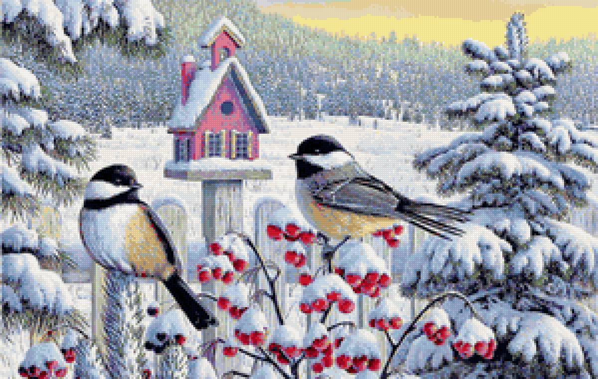 Синички - зима, птицы, снег, ягоды - предпросмотр