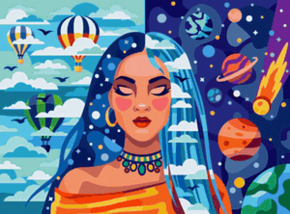 Небесная красавица - ракета, небо, девушка, космос, красота, планета, комета - предпросмотр