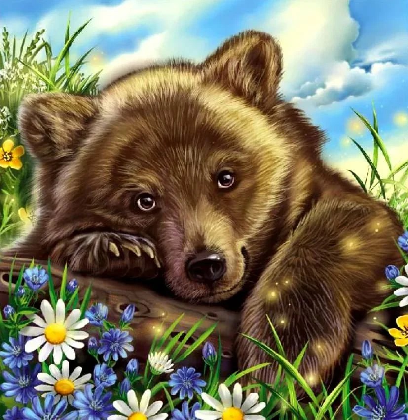 Медвежонок в цветах - природа, медвежонок, медведь, животные, мишка - оригинал