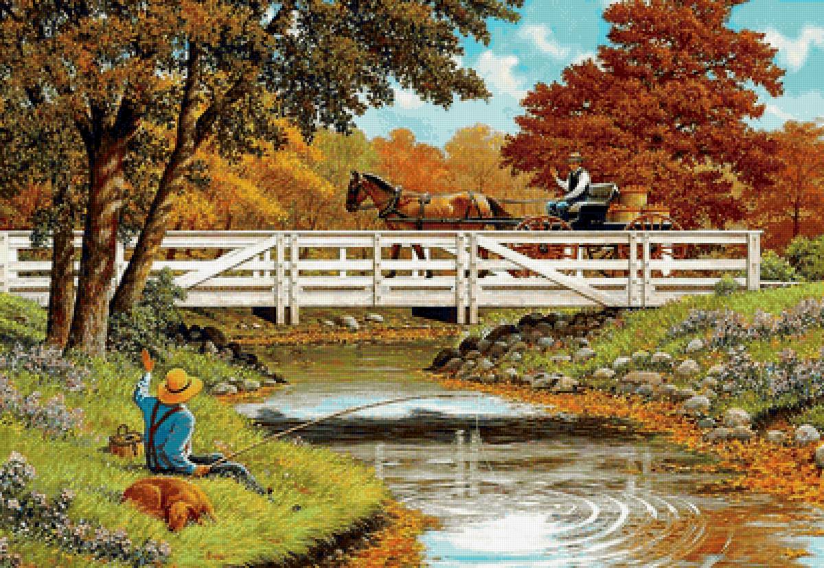 №2020734 - мост, осень, люди, рыбак, река, деревья - предпросмотр