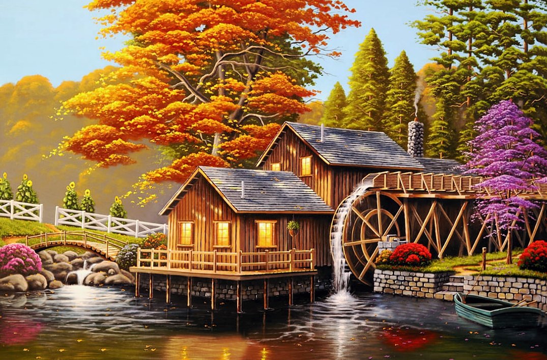 №2020738 - осень, домик, река, мостик, деревья, водяная мельница - оригинал