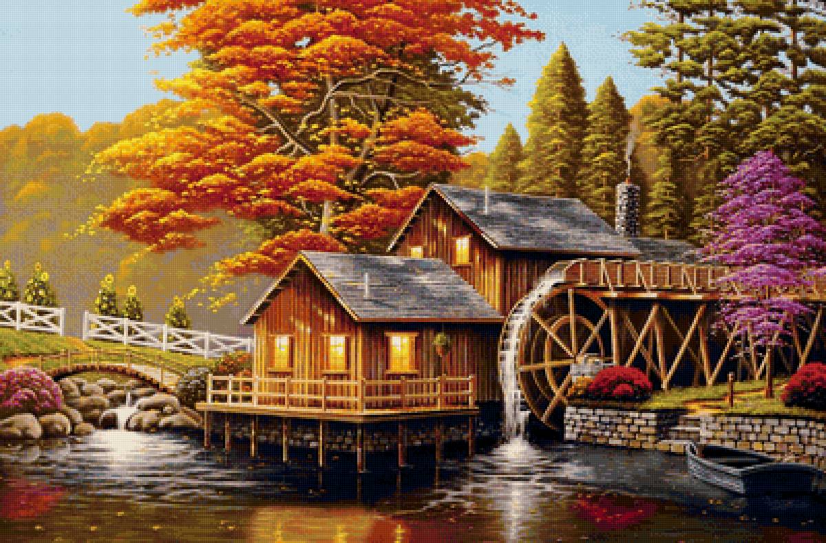 №2020738 - река, водяная мельница, домик, деревья, осень, мостик - предпросмотр