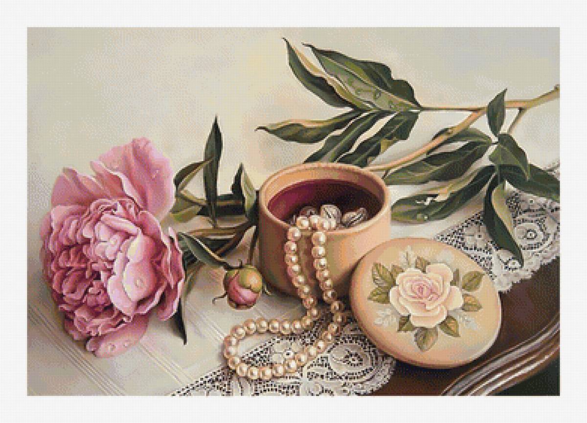 Пион. - живопись, натюрморт, цветы, пионы, бусы, жемчуг - предпросмотр