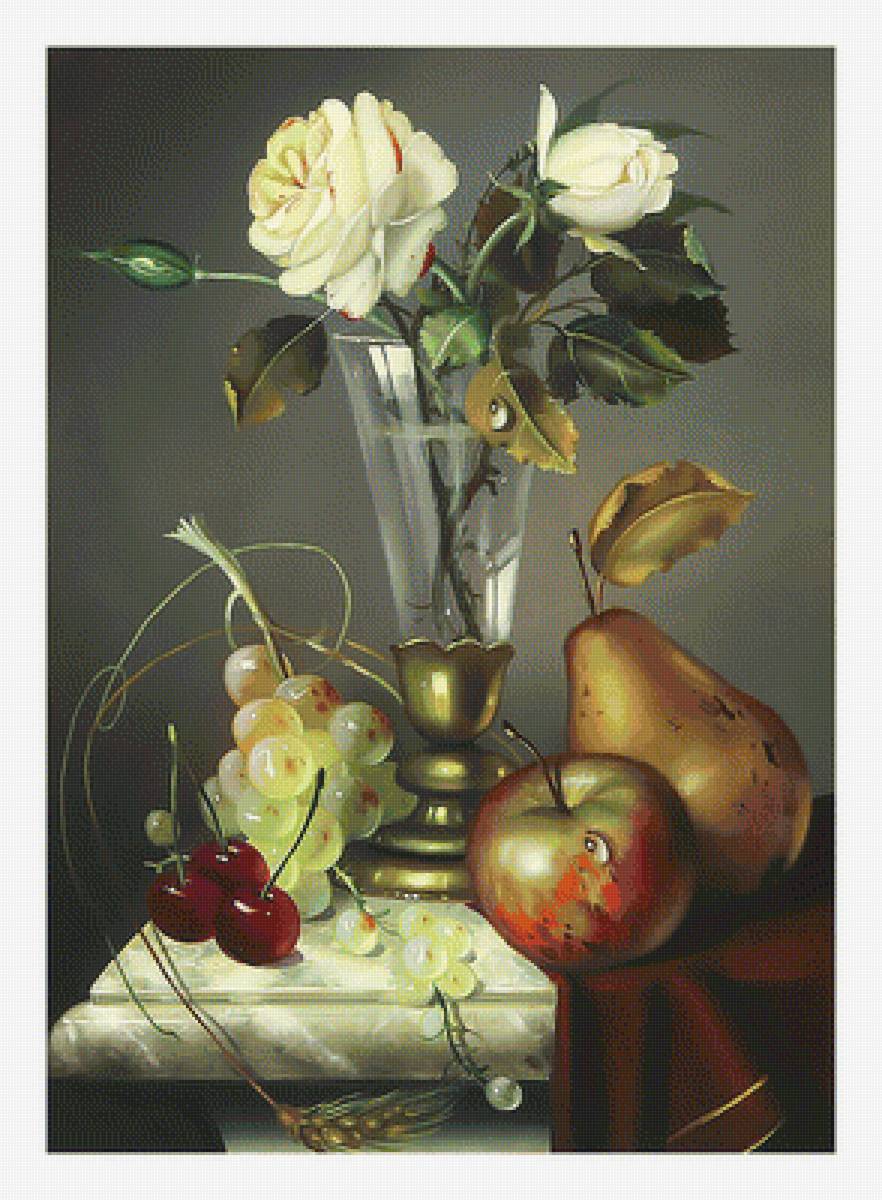 Натюрморт. - яблоки, цветы, груши, натюрморт, розы, живопись - предпросмотр