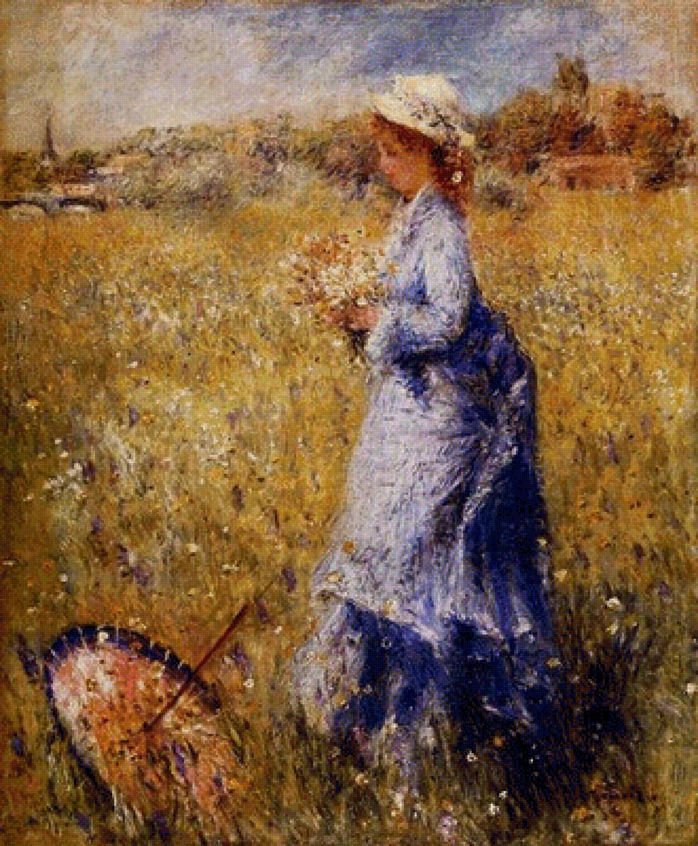 Girl Gathering Flowers - 1872, girl gathering flowers by pierre-auguste renoir - предпросмотр