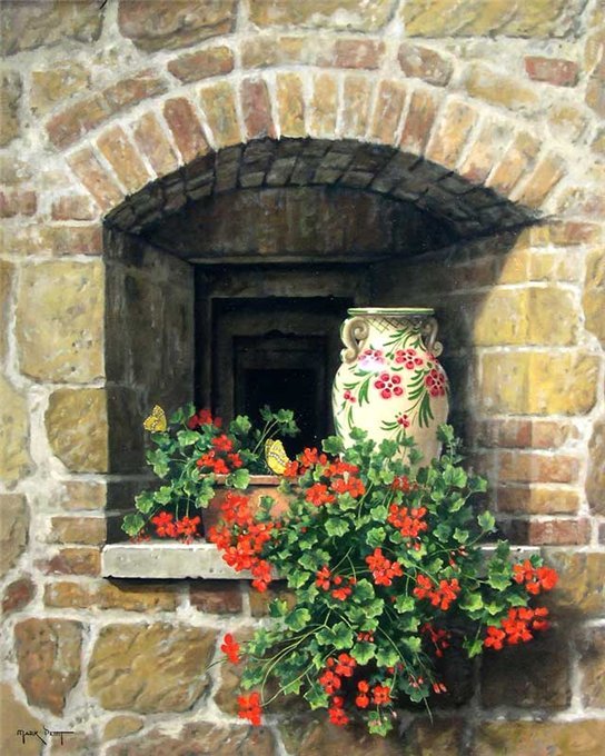 окно - цветы, пейзаж, стена, город - оригинал