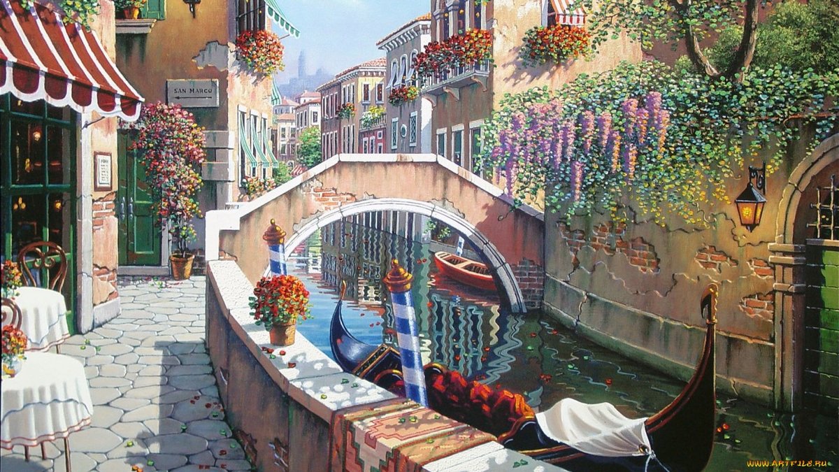 город - город, цветы, канал, стена, пейзаж - оригинал