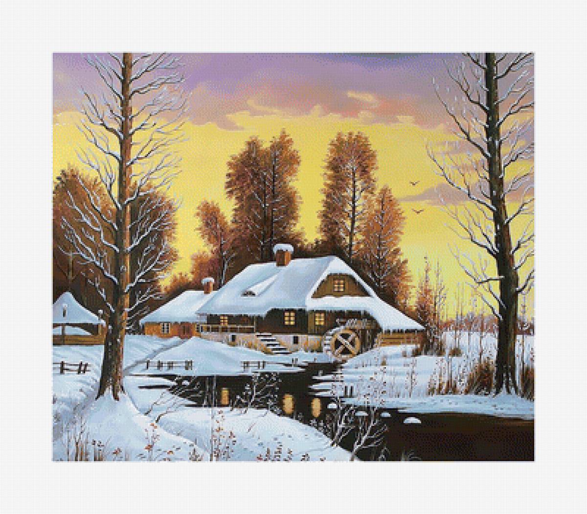 Зимний пейзаж. 330/280 крестов. - зима, дом, закат, снег, живопись, река, пейзаж - предпросмотр