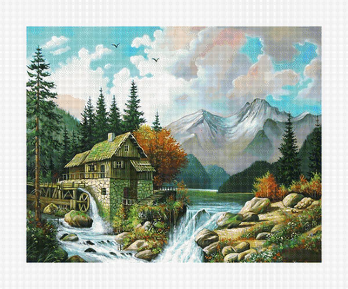 Горный пейзаж. 340/273 креста. - пейзаж, дом, водопад, живопись, горы, река - предпросмотр