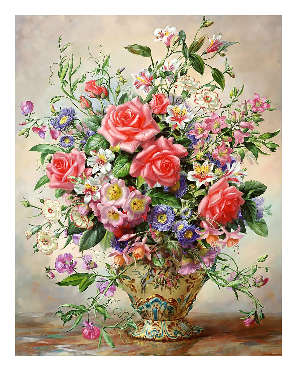 Букет. - розы, ваза, букет, цветы, живопись - оригинал