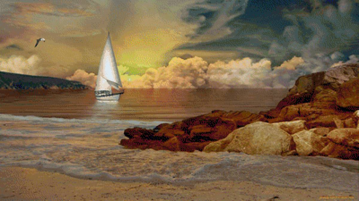 Яхта - облака, берег, яхта, море, тучи - предпросмотр