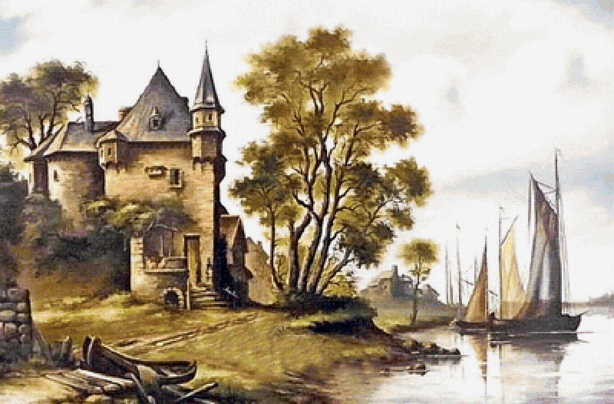 пейзаж - лодка, пейзаж, деревья, река, дом - предпросмотр