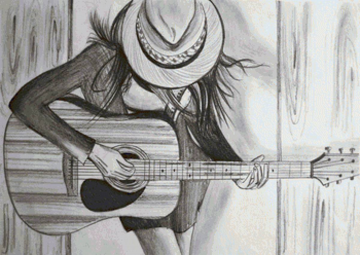 девушка с гитарой - рисунок карандашом, девушка, гитара, графика - предпросмотр