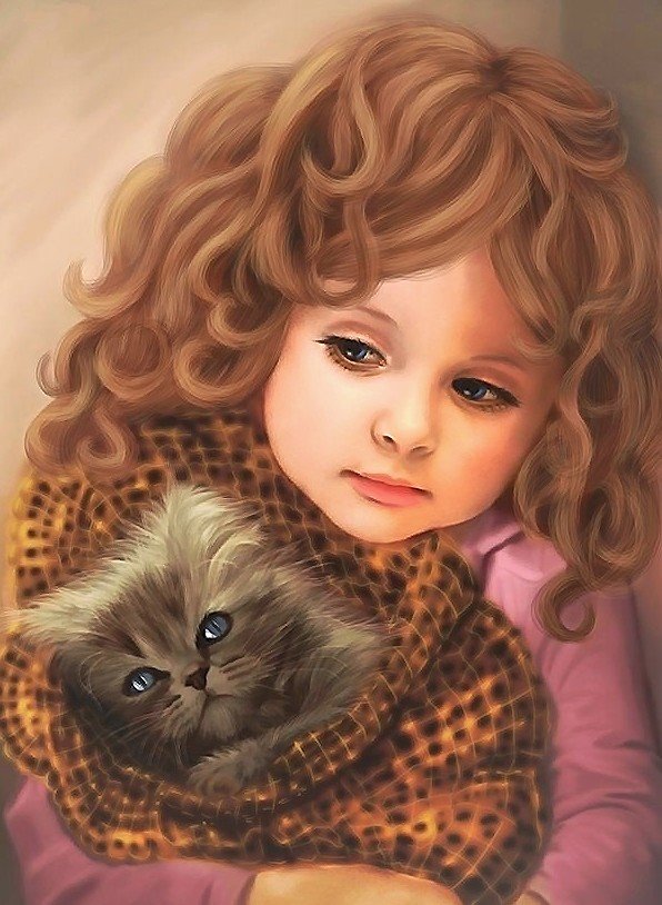 девочка с котёнком - девочка, котенок - оригинал