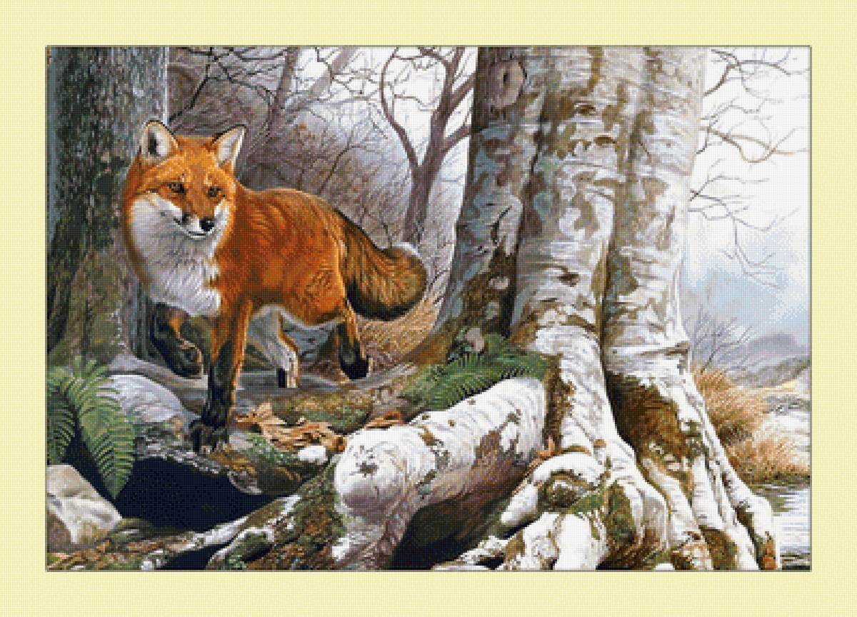 Лисица в лесу. - лиса, живопись, животные, лес, хищник - предпросмотр