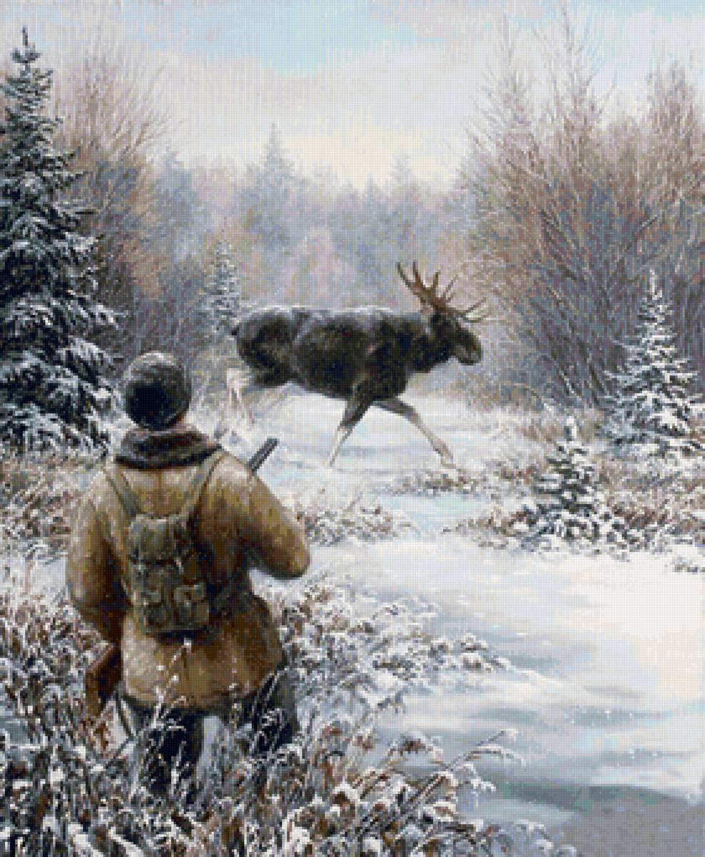 Худ. Данчурова - лось, охотник, охотничья тема, зима, лес - предпросмотр