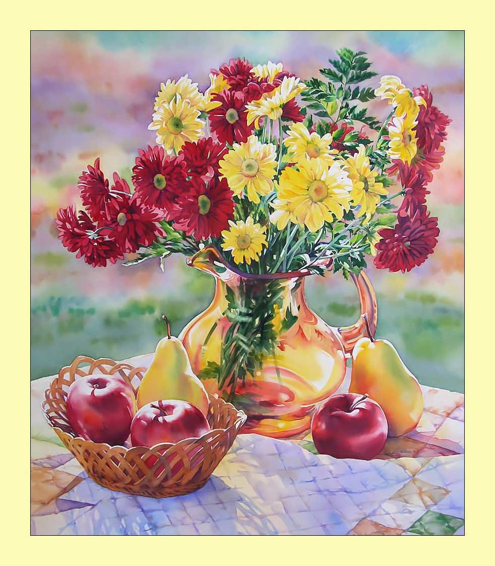 Натюрморт. Акварель. - натюрморт, фрукты, живопись, акварель, букет, яблоки, цветы - оригинал
