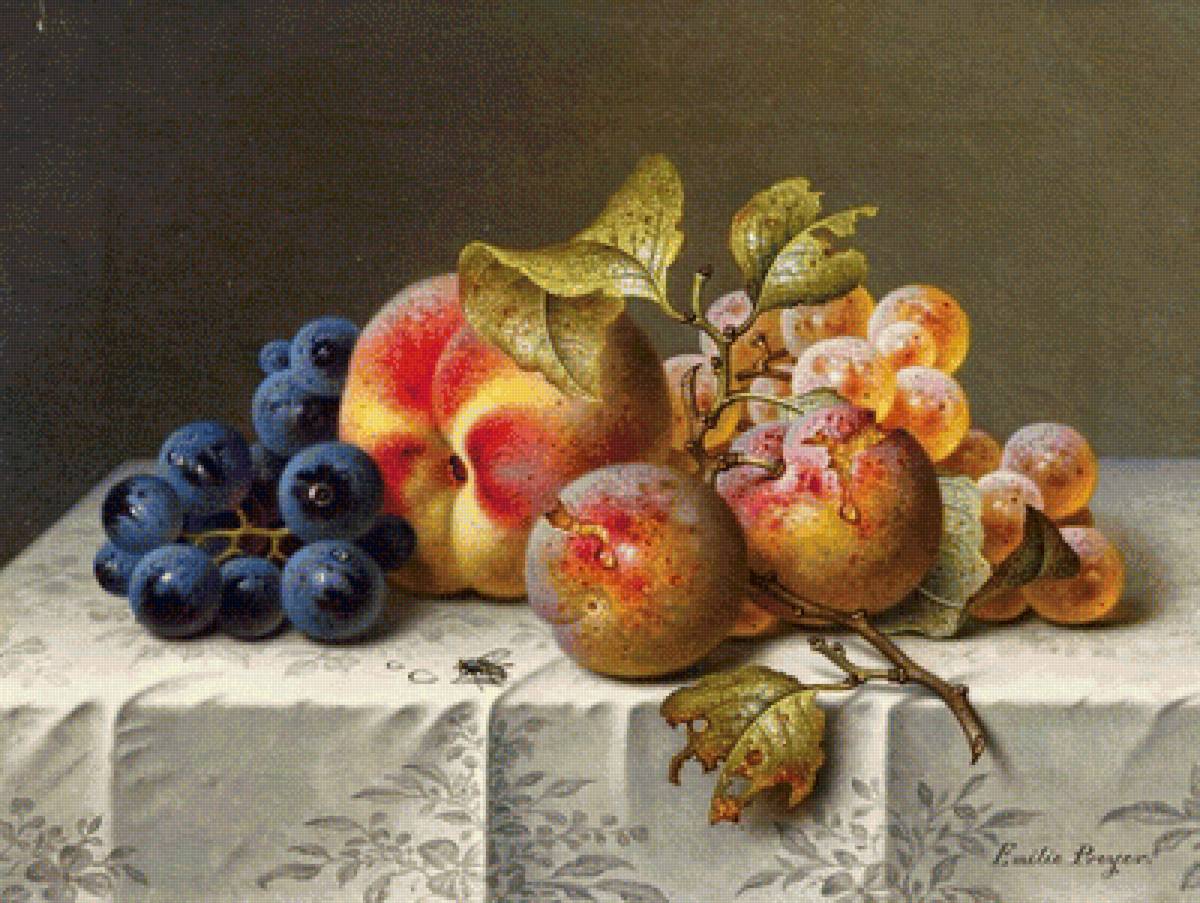 Фрукты (по картине Эмили Прейер) - виноград, персики, стол, скатерть - предпросмотр