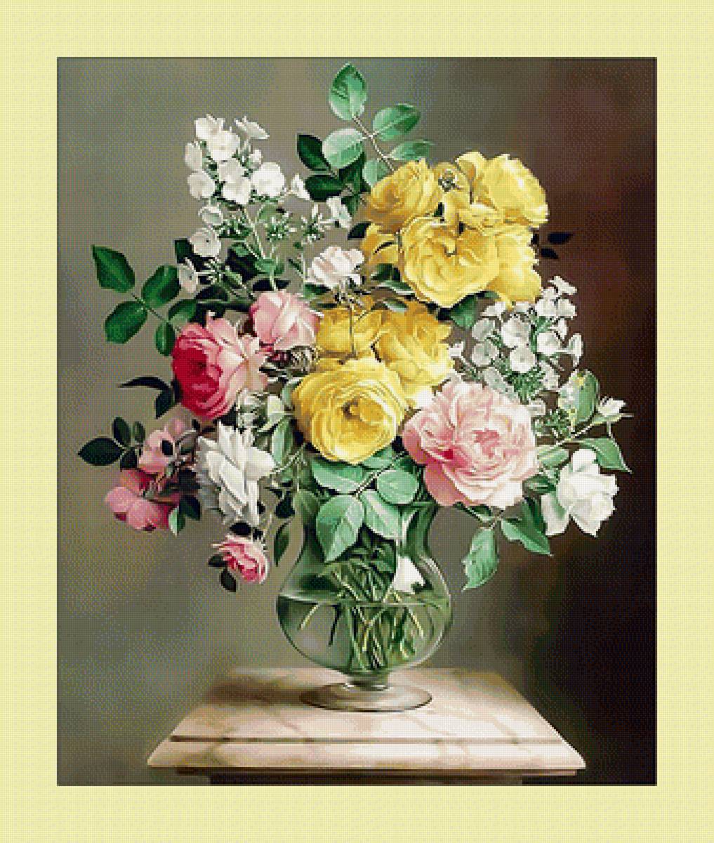 Букет. - цветы, букет, ваза, розы, живопись - предпросмотр