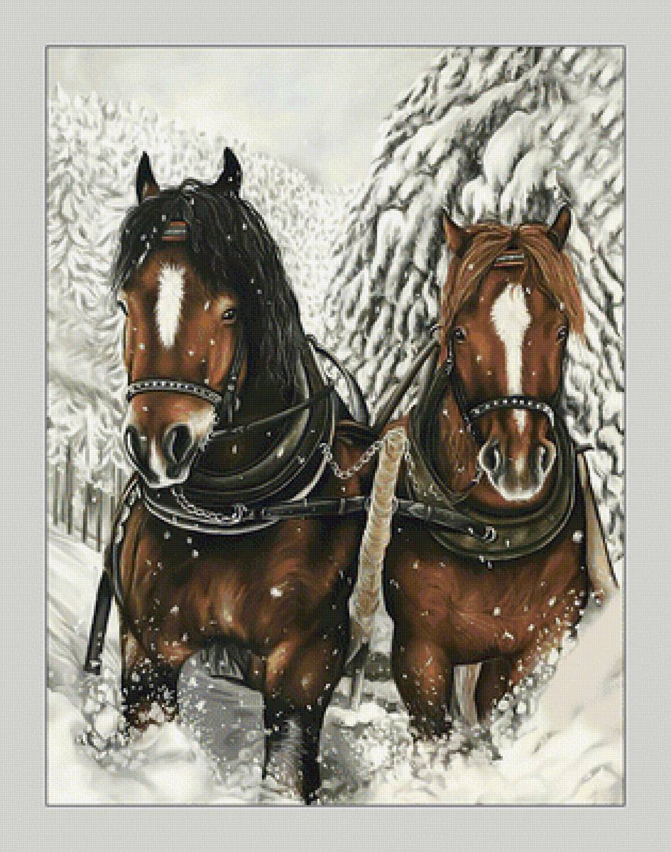 Лошади в зимнем лесу. - зима, кони, снег, живопись, лошади, лес, сугробы - предпросмотр