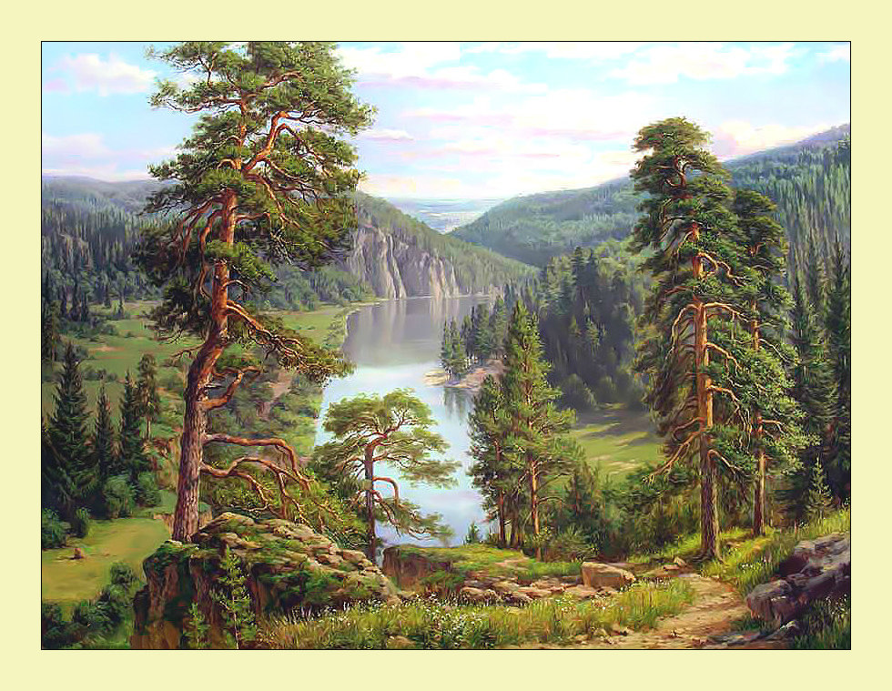 Пейзаж. - горы, сосны, пейзаж, озеро, лето, природа, живопись - оригинал