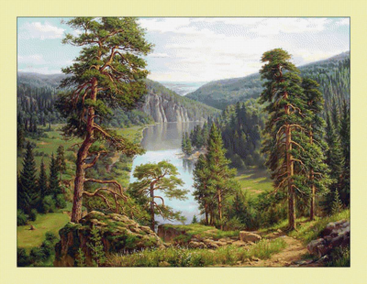 Пейзаж. - сосны, озеро, живопись, природа, пейзаж, лето, горы - предпросмотр