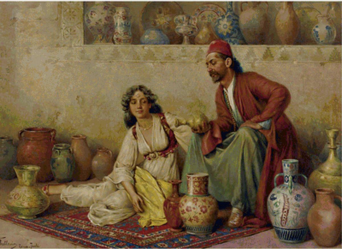 На восточном базаре (по картине Франческо Балессиа) - девушка, глиняные изделия, базар, покупатель - предпросмотр