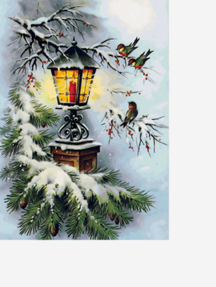 фонарь - снег, птицы, ель, рисунок., зима, фонарь - предпросмотр