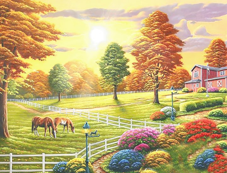 осенний день - домик, осень, лошади, пейзаж, деревья - оригинал