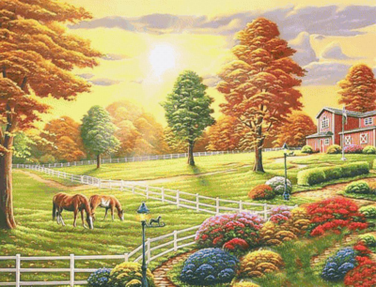 осенний день - лошади, домик, осень, пейзаж, деревья - предпросмотр