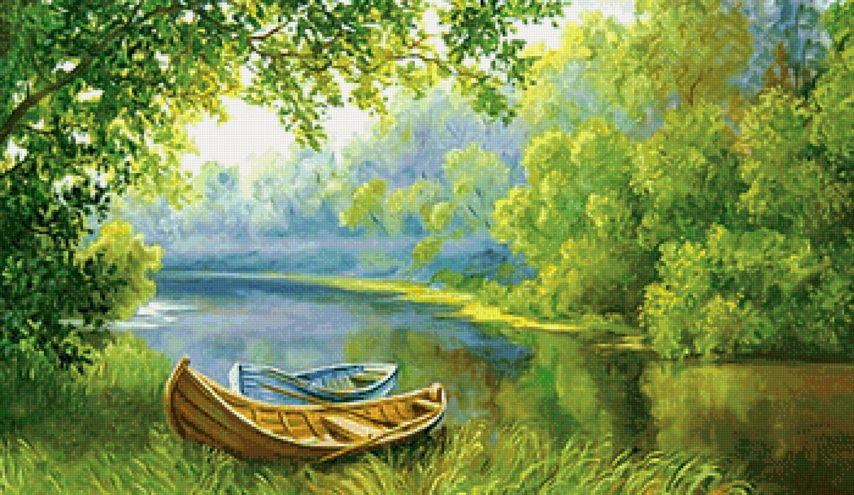 пейзаж - река, лето, деревья, пейзаж, лодка - предпросмотр