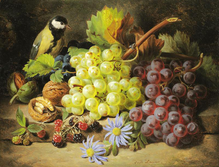 Синица и виноград - виноград, орехи, птица, малина - оригинал