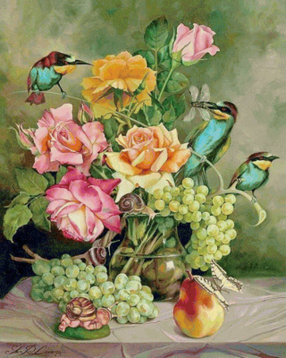 Натюрморт - розы, птички, виноград - предпросмотр